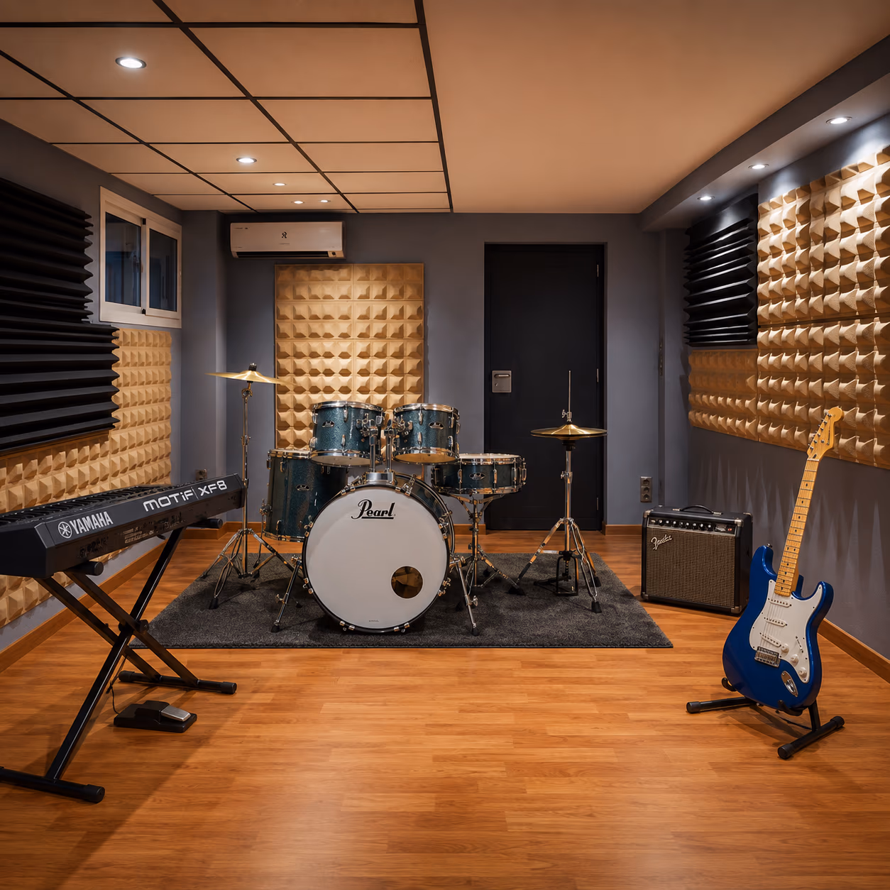 Paneles acústicos de absorción y difusores instalados en sala de control de audio profesional