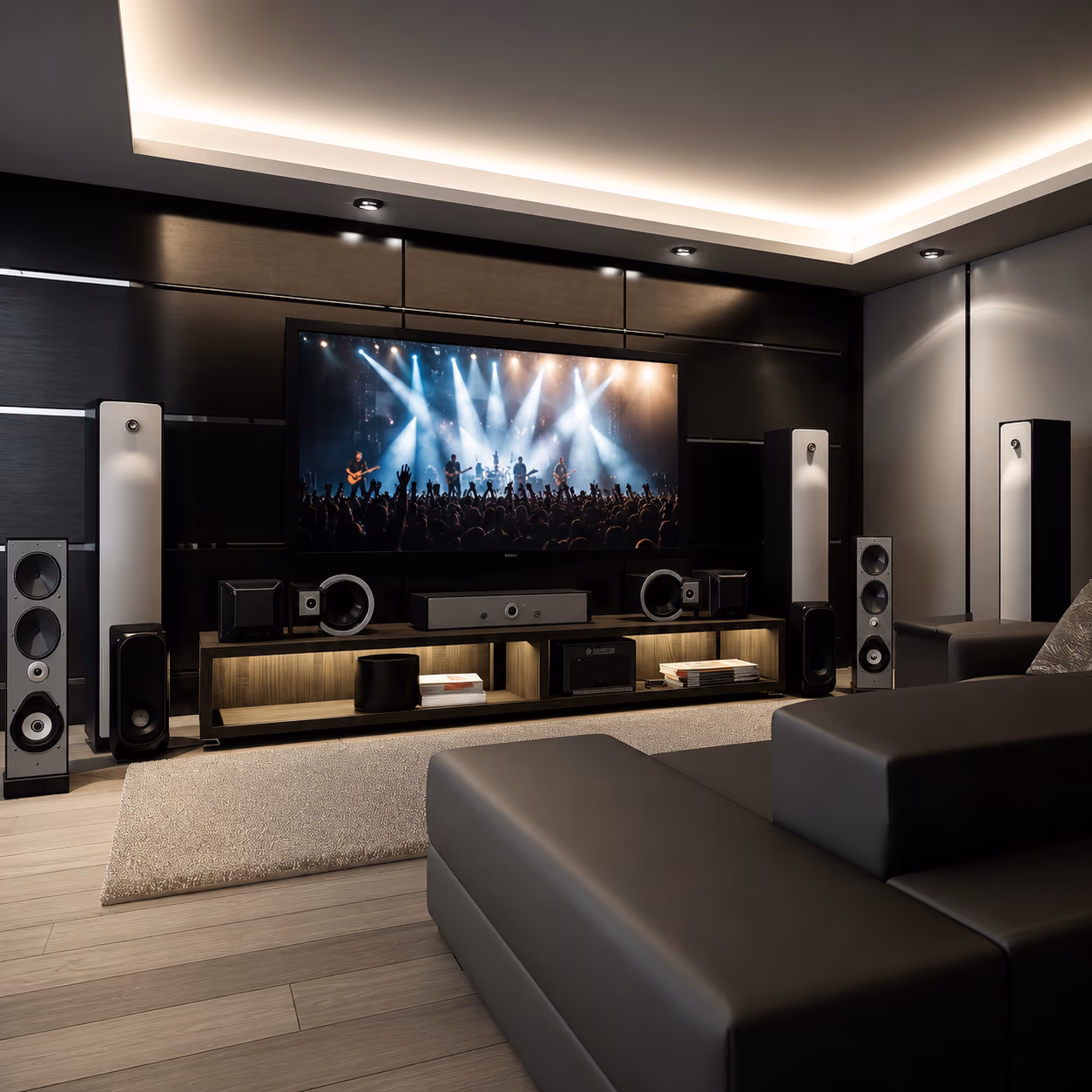 Sistema de cine en casa con proyector, pantalla retráctil y altavoces para sonido envolvente