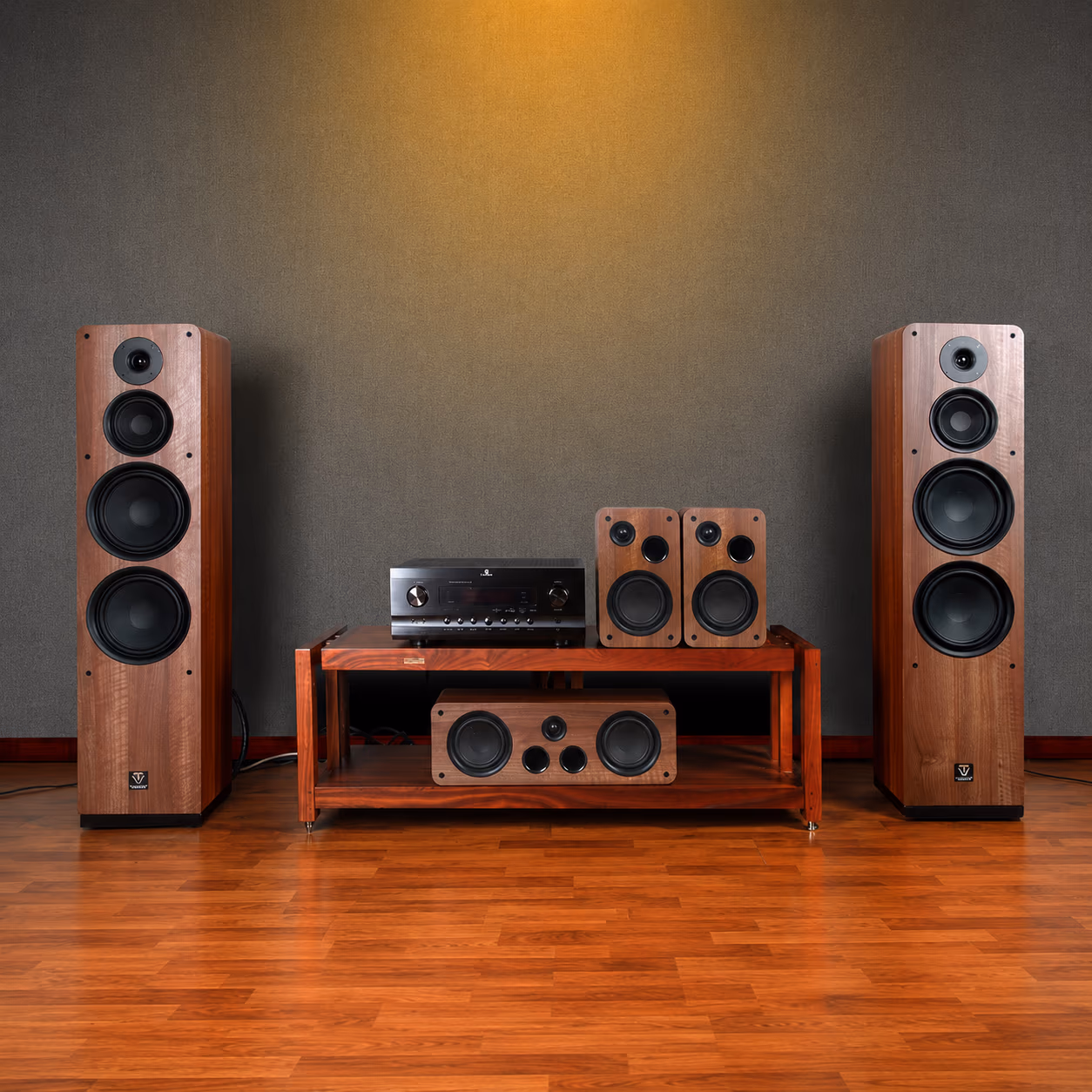 Sistema Hi-Fi de alta fidelidad con amplificador integrado, tornamesa y altavoces de estantería