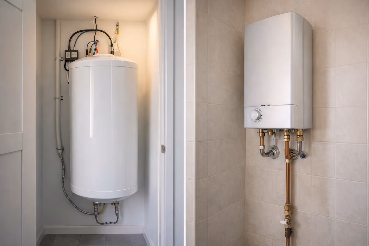 Calentador eléctrico y calentador a gas instalados en cuarto de ropas colombiano