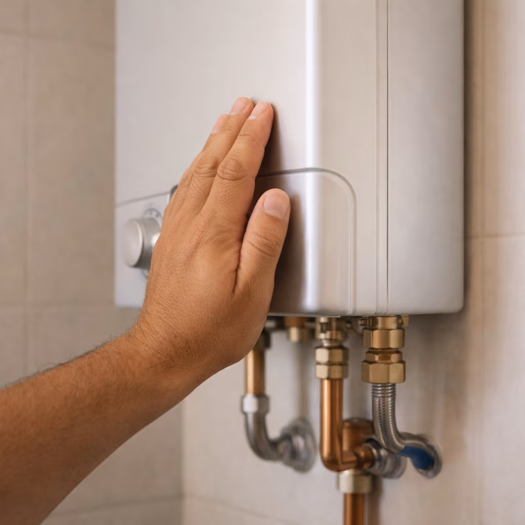 Calentador de agua con válvula de seguridad liberando presión