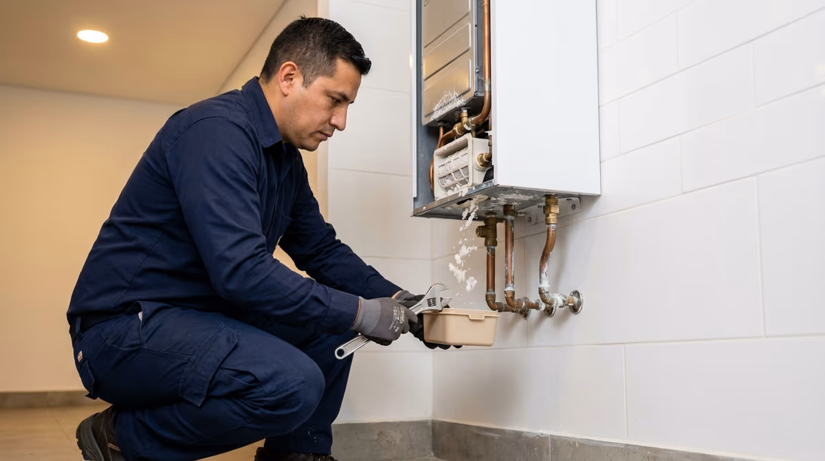 Filtro de calentador con acumulación de sedimentos minerales — señal de mantenimiento urgente