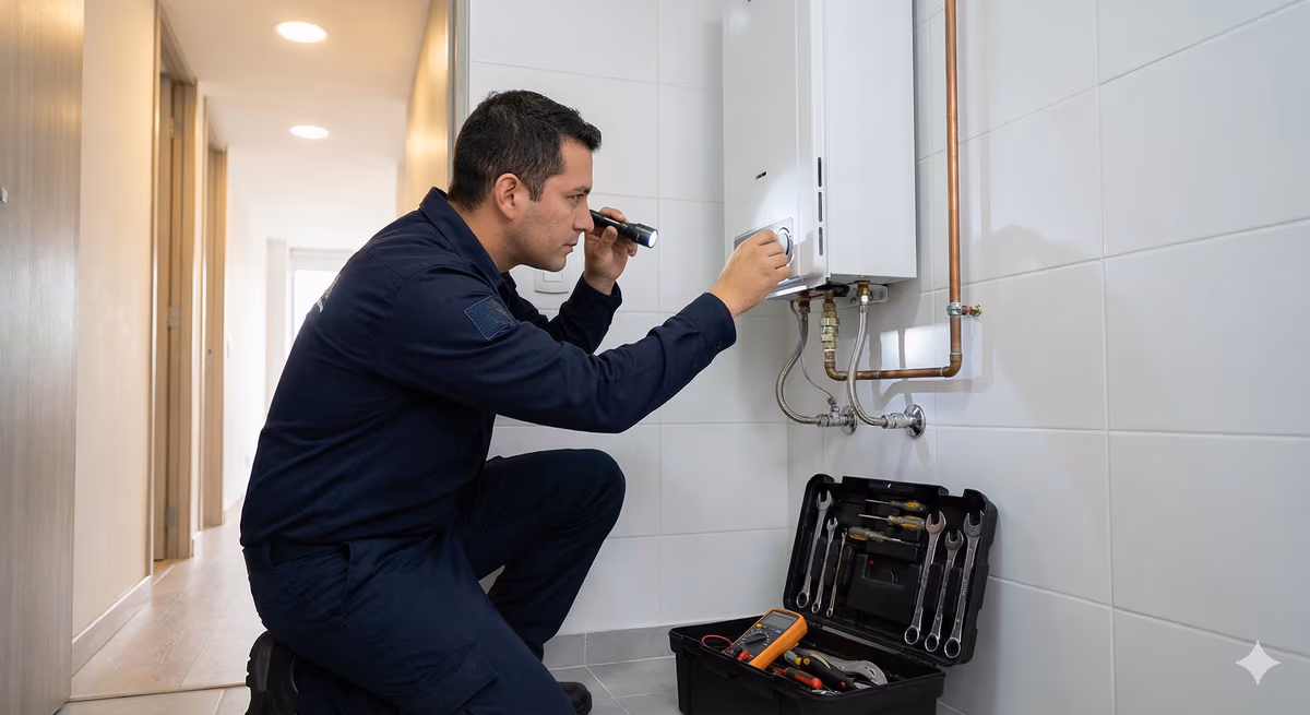 Panel de control de calentador de paso abierto mostrando tarjeta electrónica