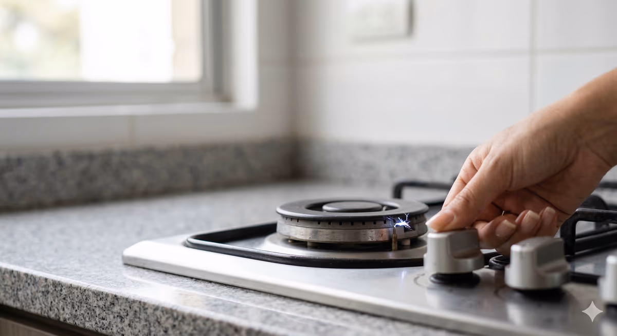 Electrodo de ignición de estufa con residuos visibles y chispas continuas