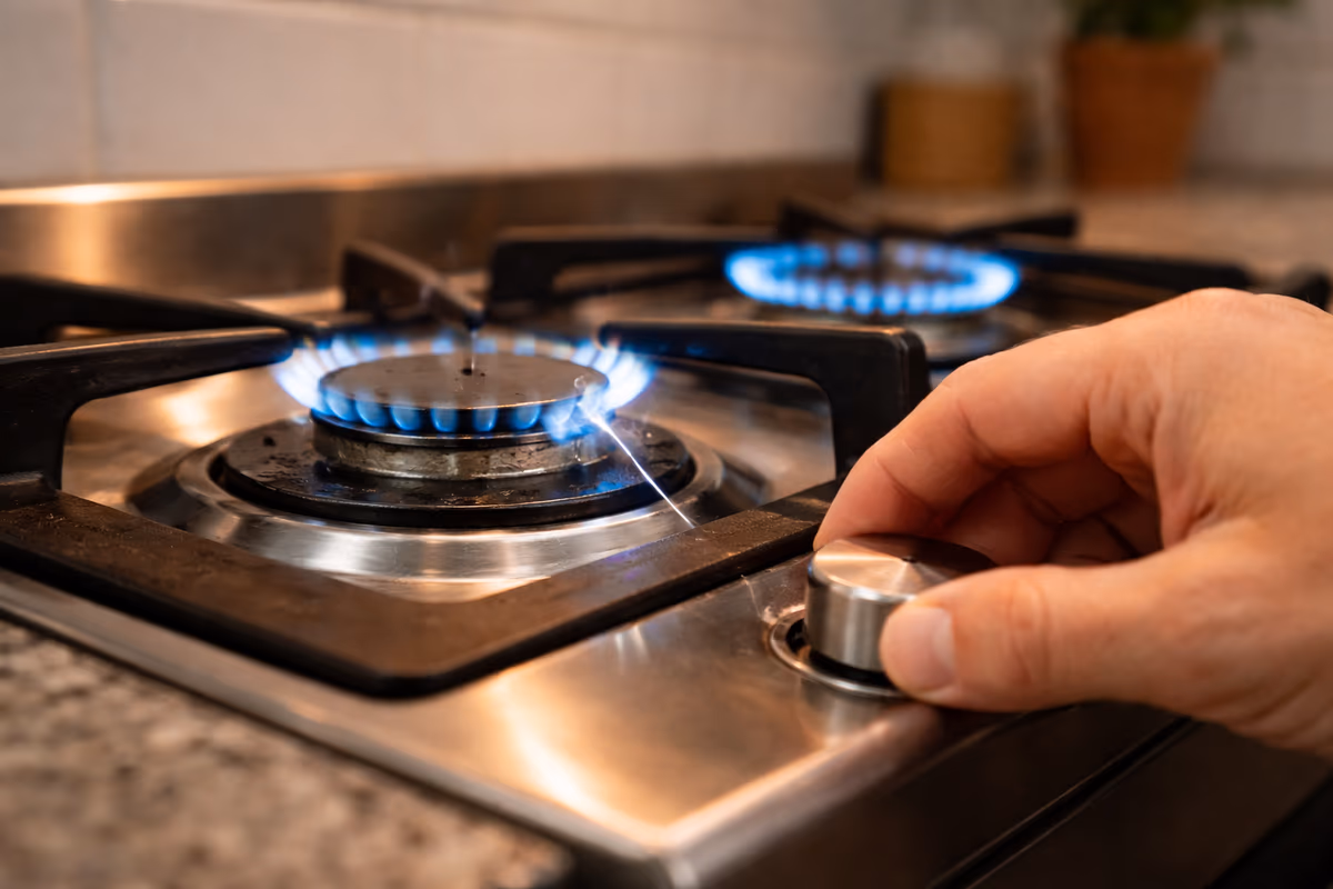 Quemador de estufa con residuos de comida bloqueando orificios de gas