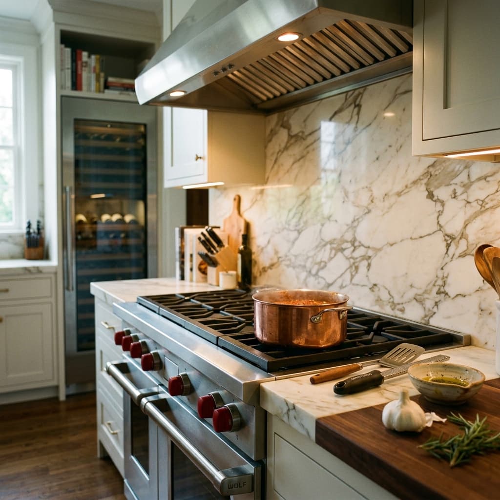 Estufa de gas profesional de lujo marca Wolf con mandos rojos y acabado en acero inoxidable