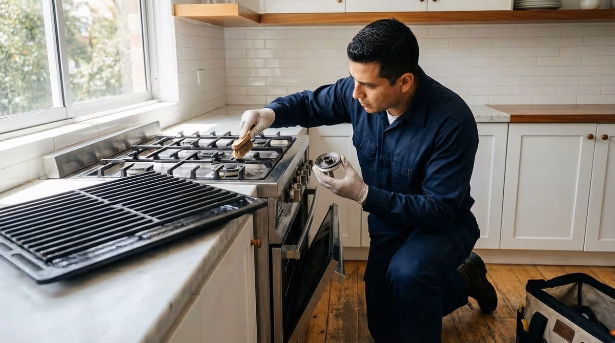 Técnico limpiando inyectores de estufa de gas en cocina colombiana
