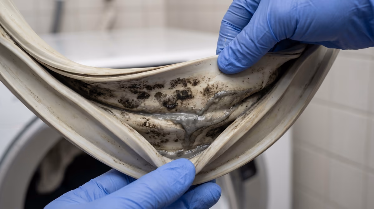 Junta de goma de lavadora con moho visible que genera mal olor