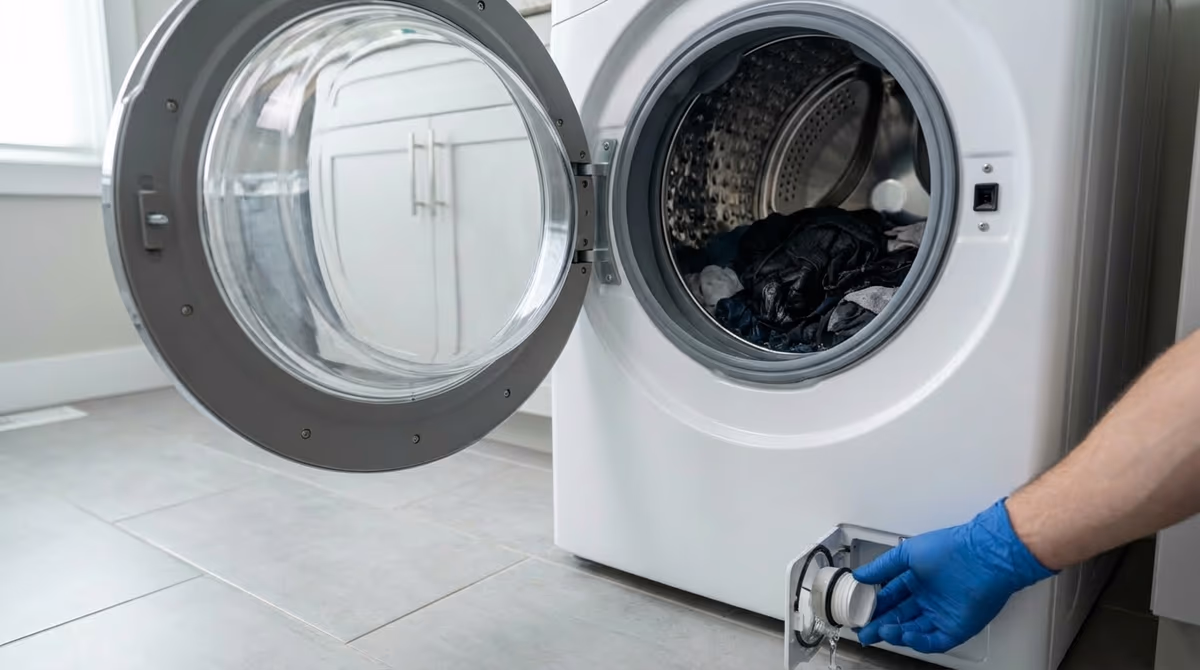 Técnico revisando filtro de drenaje en lavadora de carga frontal