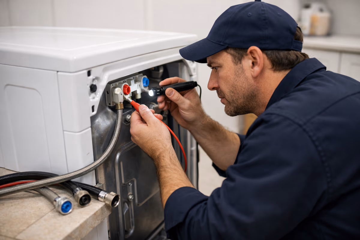 Lavadora sin llenado de agua con válvula de entrada siendo revisada