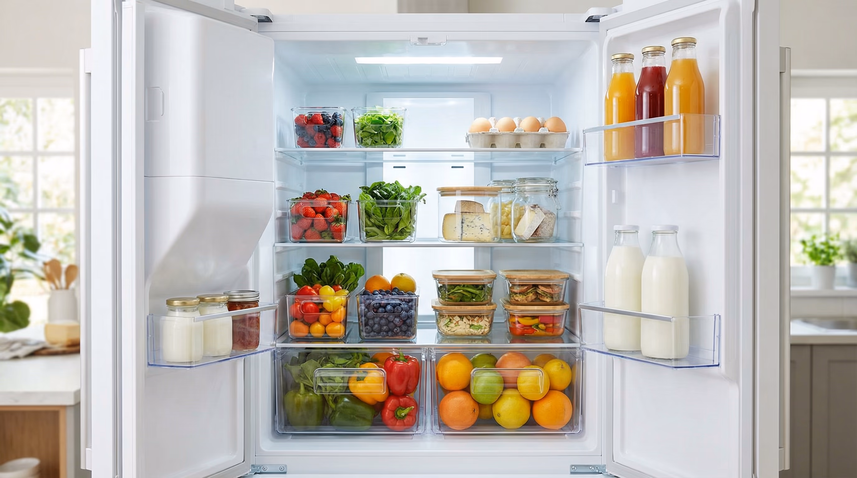 Alimentos organizados correctamente en una nevera