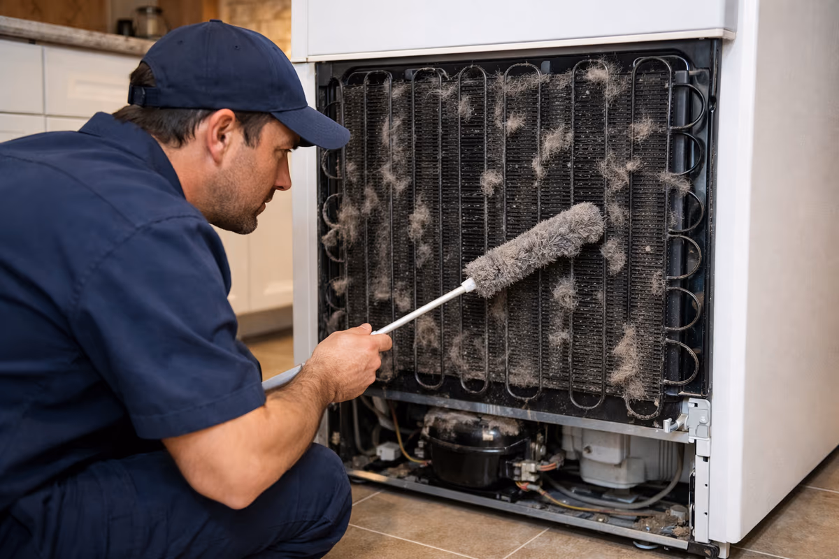 Condensador trasero de nevera con acumulación de polvo y suciedad