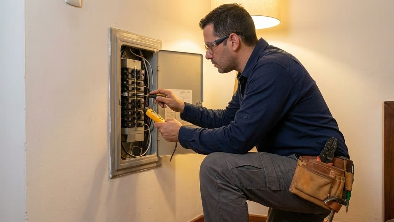 Electricista certificado instalando breakers en tablero residencial en Cali
