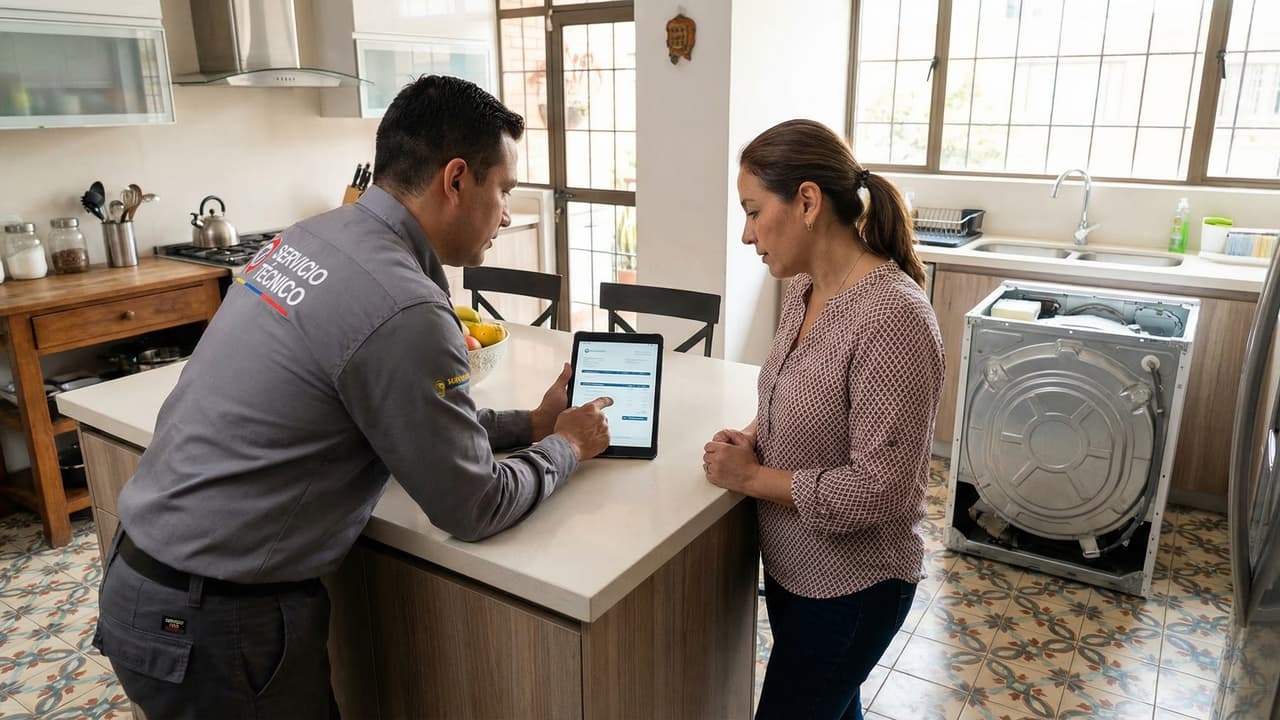 Técnico presentando cotización de reparación de electrodoméstico a cliente en Cali