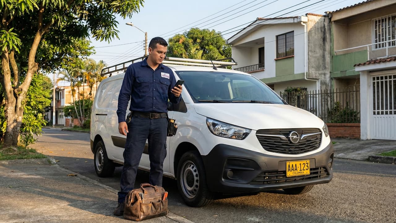 Técnico con herramientas y app de gestión de servicios en Cali