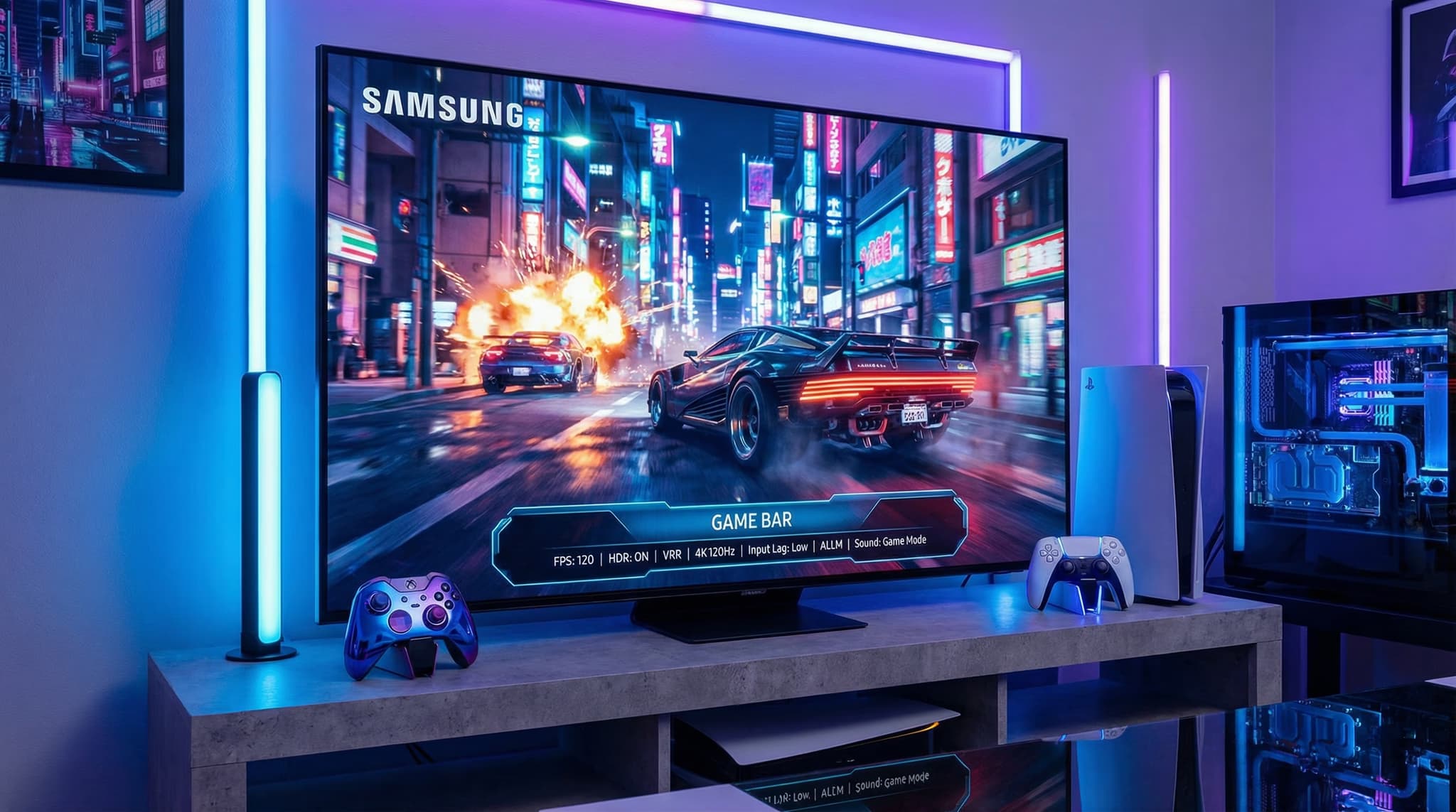 Televisor Samsung configurado para modo juego y baja latencia