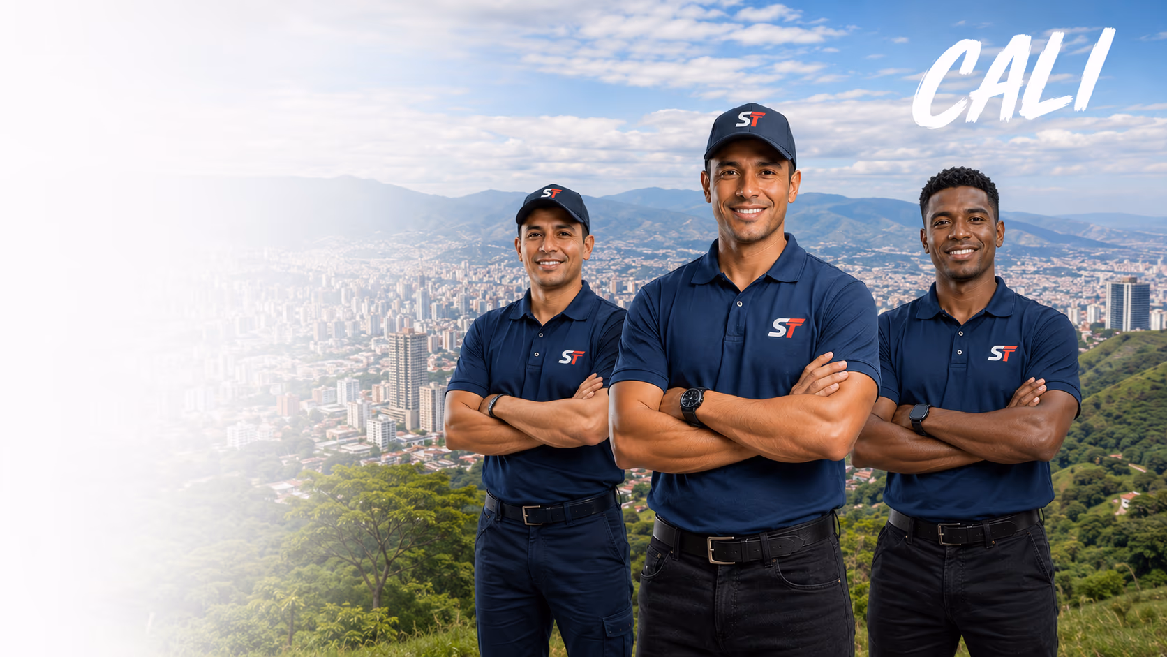 Equipo de técnicos de SomosTécnicos con uniforme ST sobre el panorama de Cali