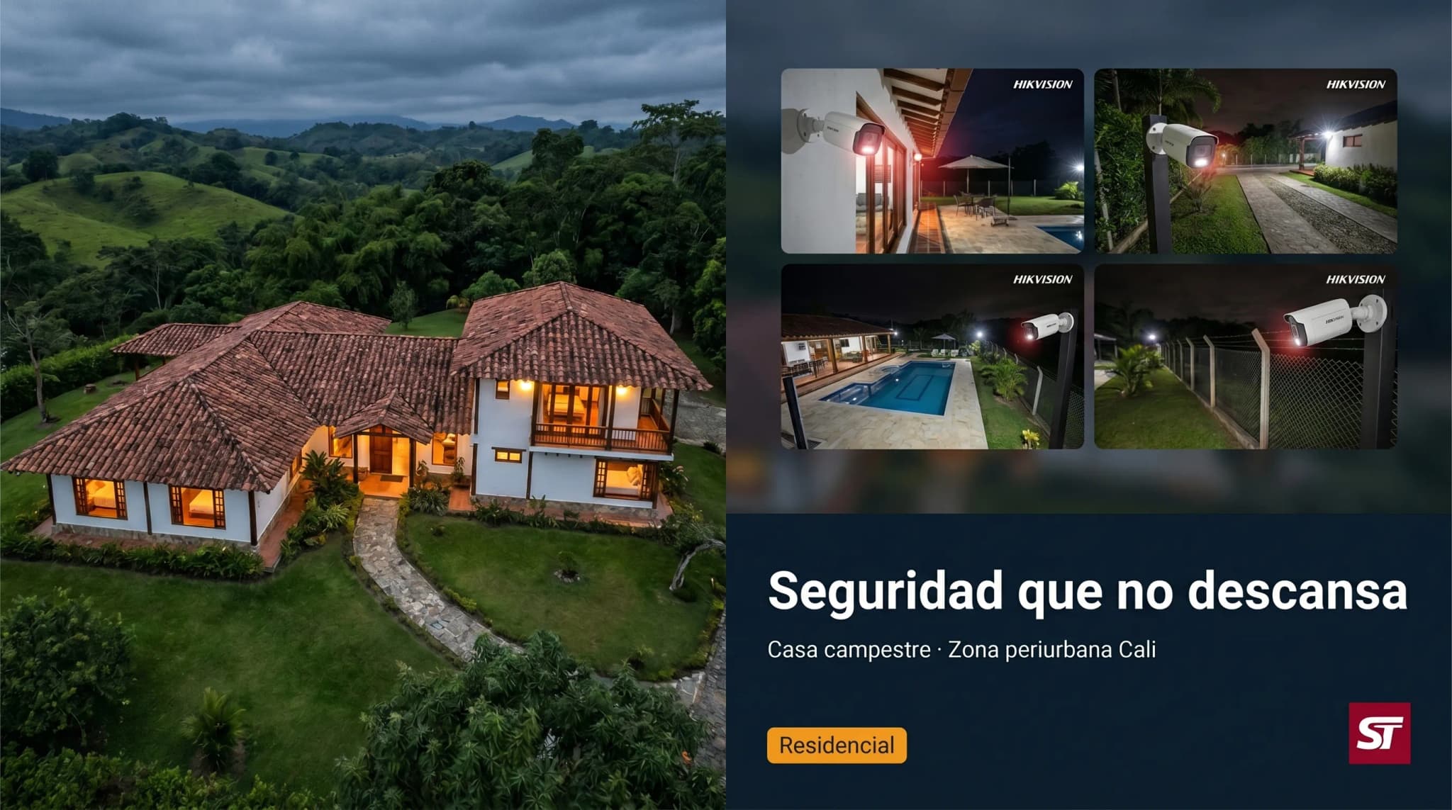 Cámaras ColorVu con visión nocturna a color instaladas en casa campestre cerca de Cali