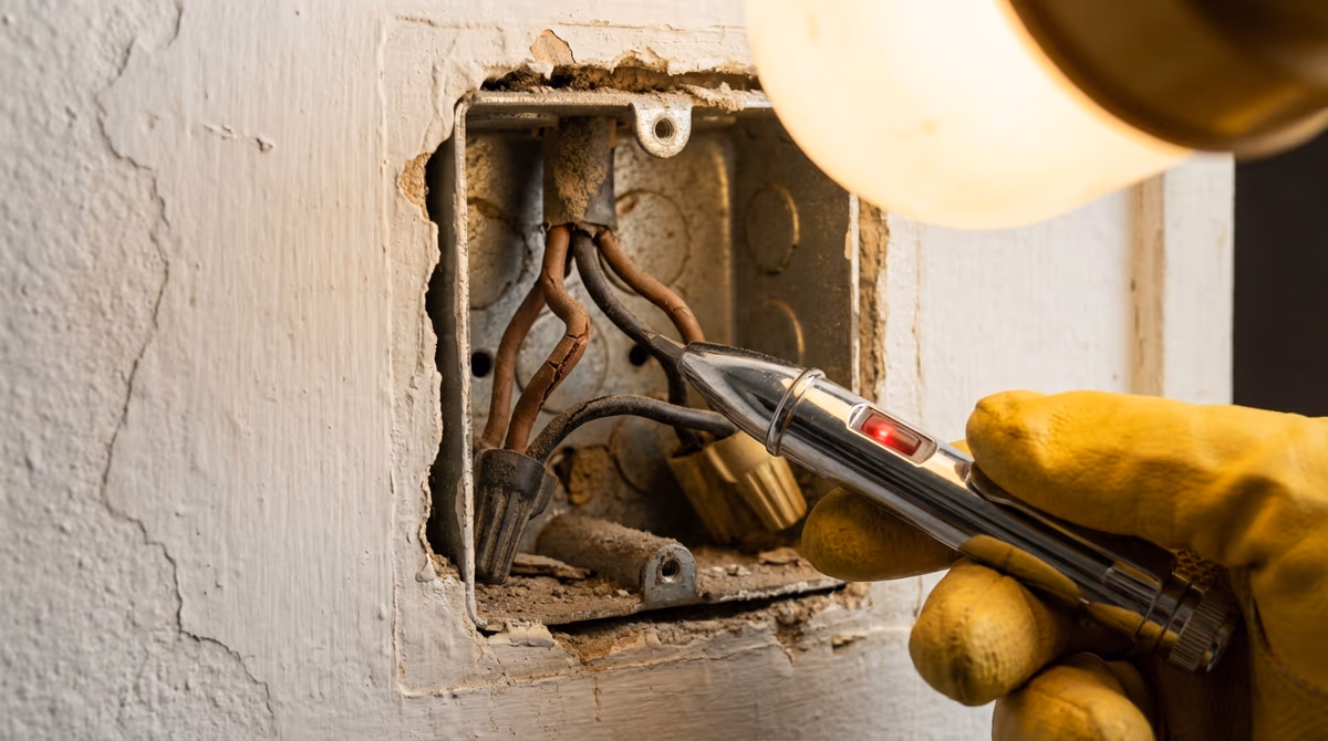 Cableado eléctrico deteriorado con aislamiento dañado encontrado en pared doméstica
