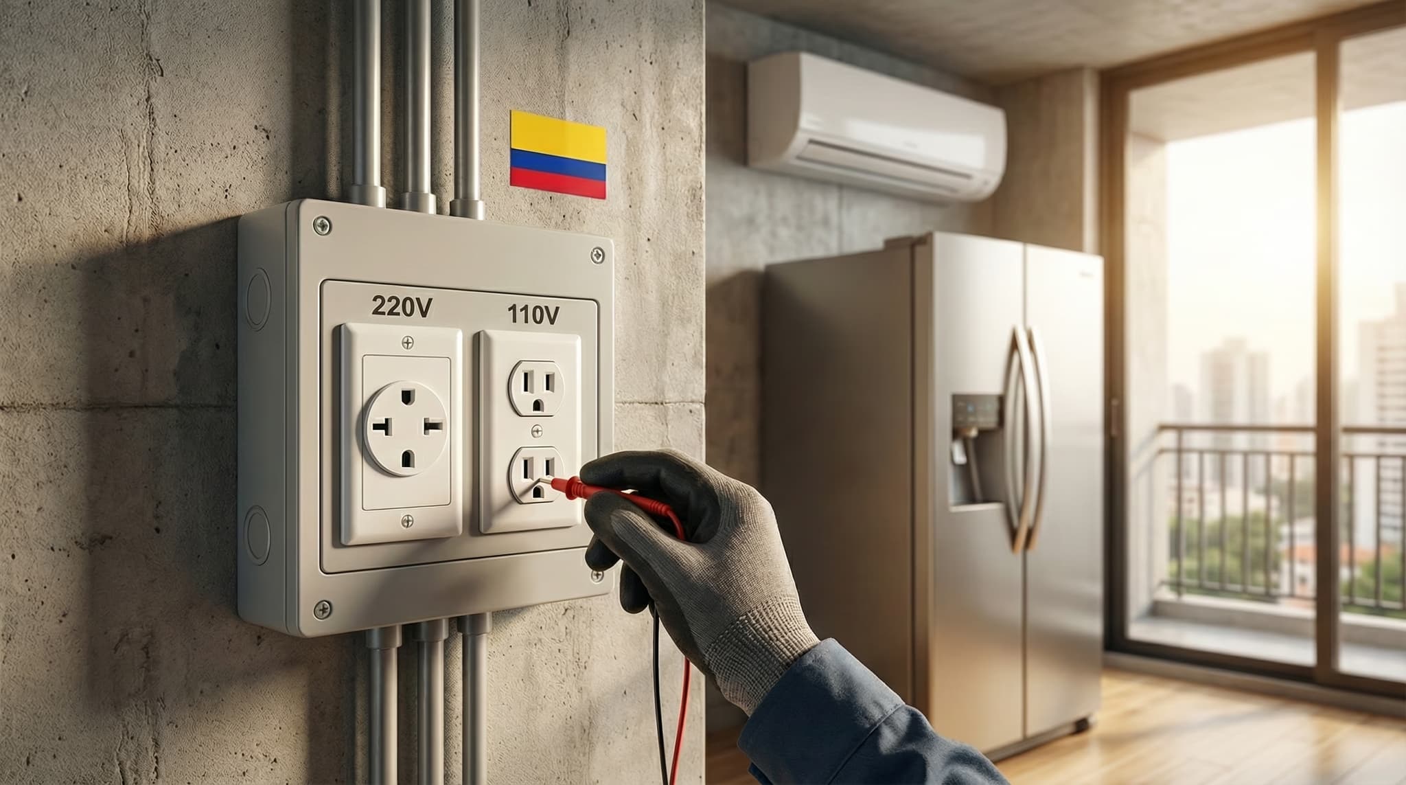Comparativa de tomacorrientes 110V y 220V en instalación eléctrica colombiana