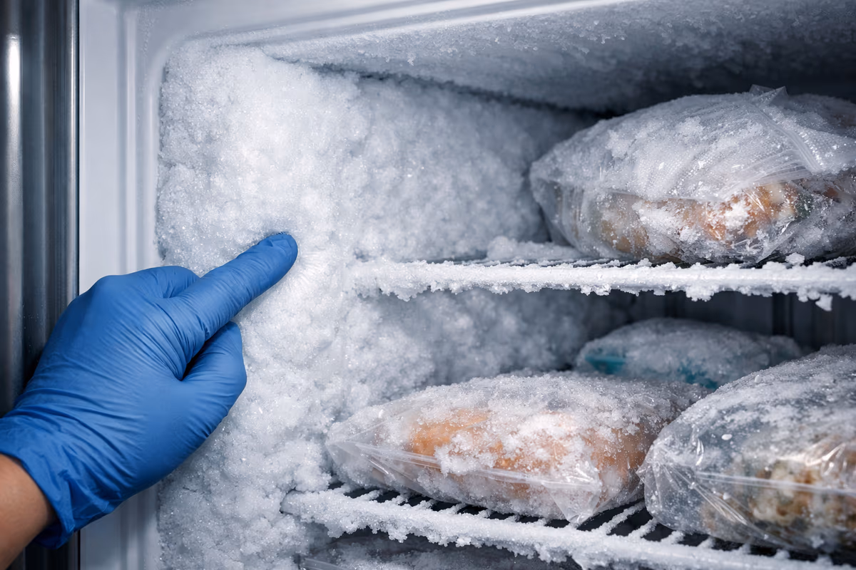 Congelador de nevera con exceso de escarcha e hielo acumulado