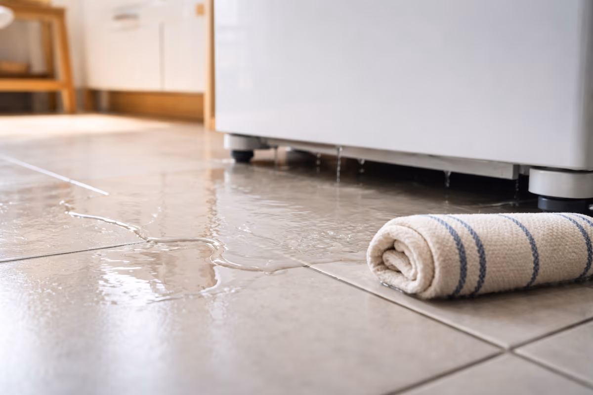 Fuga de agua visible debajo de nevera en cocina colombiana