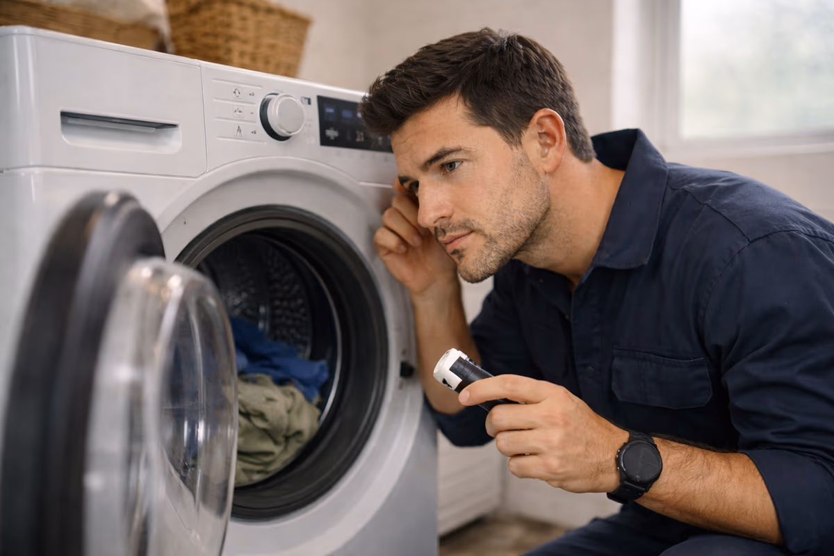 Interior de secadora mostrando correa del tambor, rodillos y polea tensora