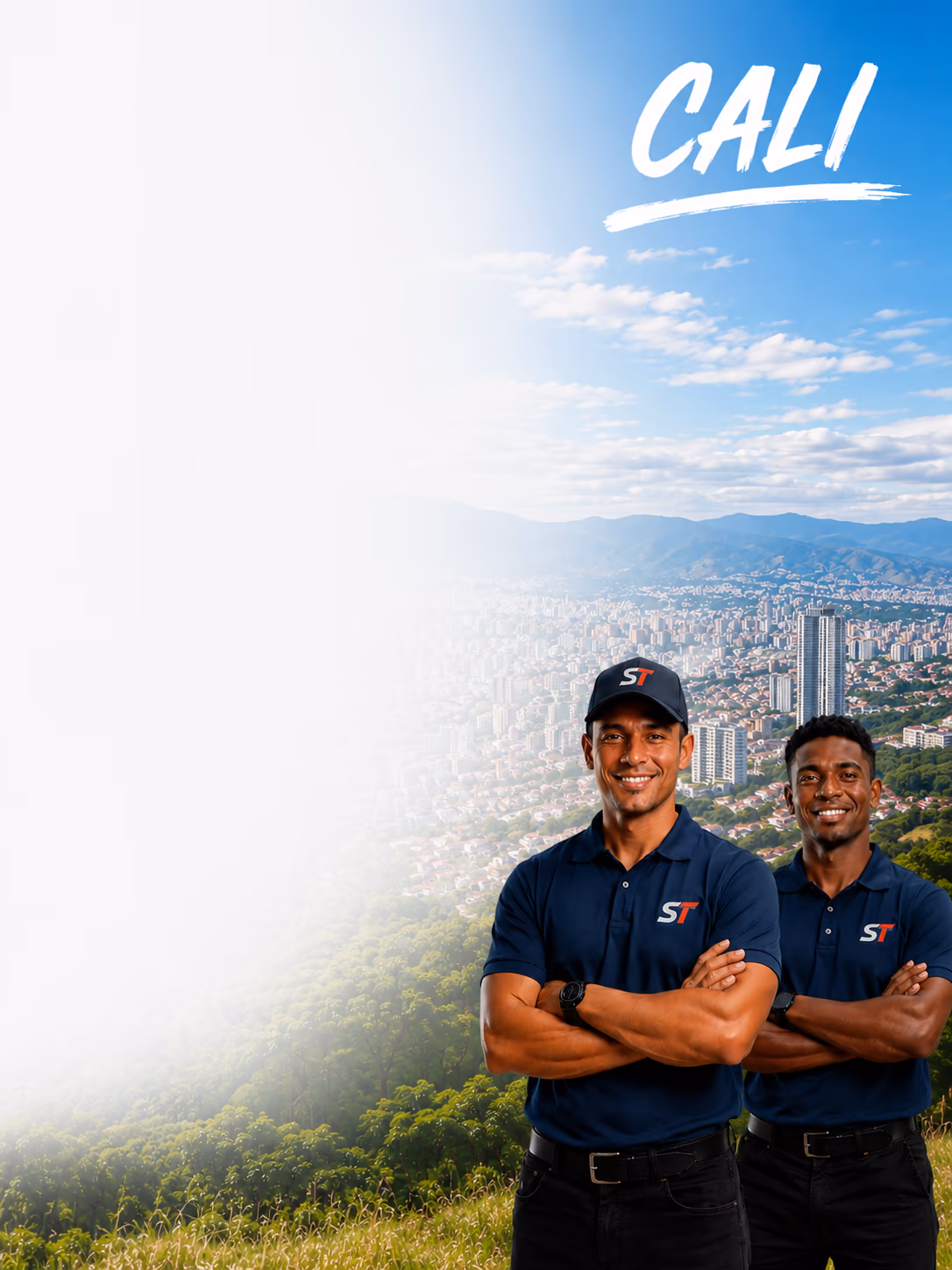 Equipo de técnicos de SomosTécnicos con uniforme ST sobre el panorama de Cali