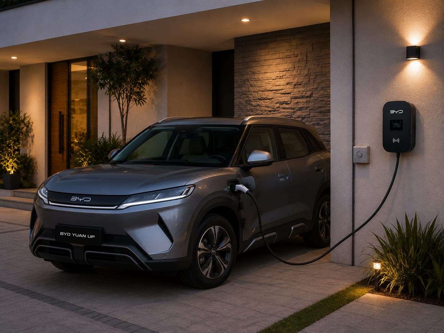 Cargador de pared BYD AC instalado en la fachada de una vivienda, conectado a una camioneta BYD Yuan UP